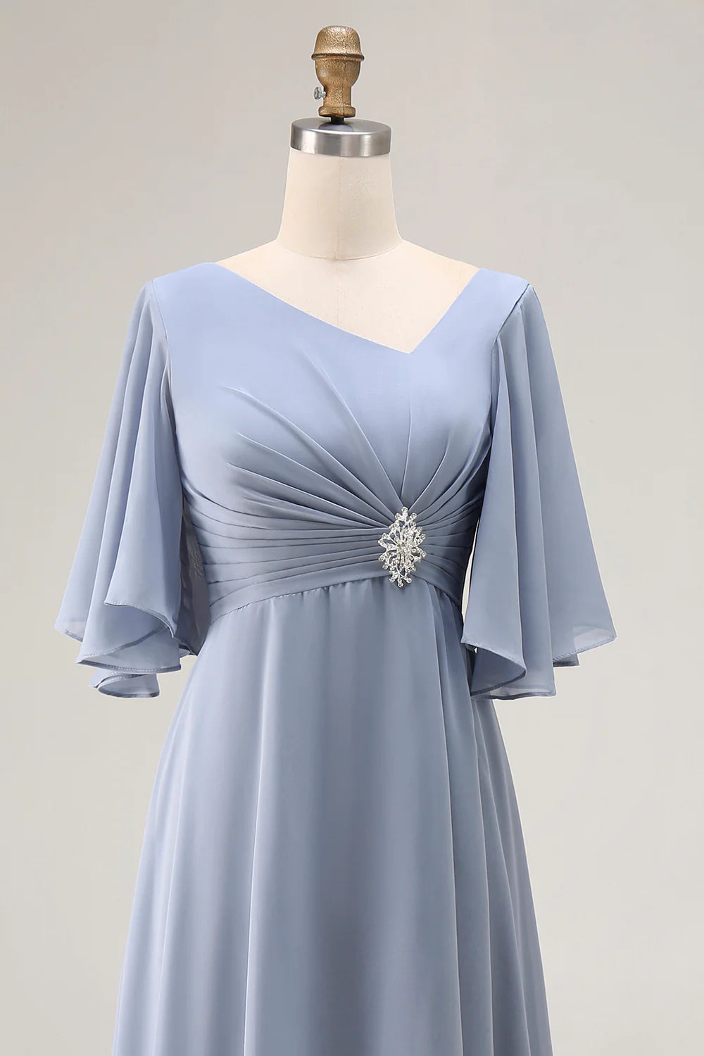 Dusty Blue A Line Chiffon V Neck Ruched Mother Of The Bride Dress with Short Sleeves