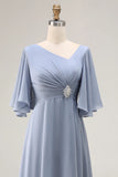 Dusty Blue A Line Chiffon V Neck Ruched Mother Of The Bride Dress with Short Sleeves