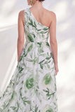 One Shoulder Printed Green Mother of the Bride Dress with Slit