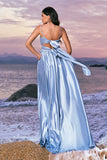 Sky Blue A Line Spaghetti Straps Ruched Floor Length Bridesmaid Dress with Slit