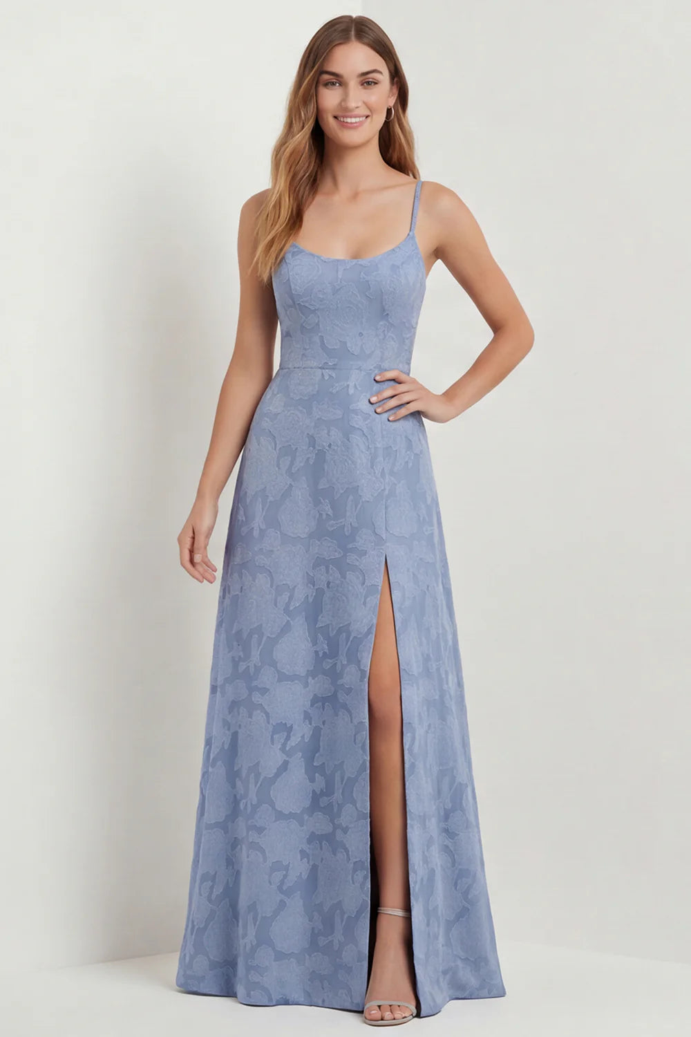 Dusty Blue A Line Floral Burnout Maxi Bridesmaid Dress with Slit