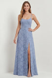 Dusty Blue A Line Floral Burnout Maxi Bridesmaid Dress with Slit