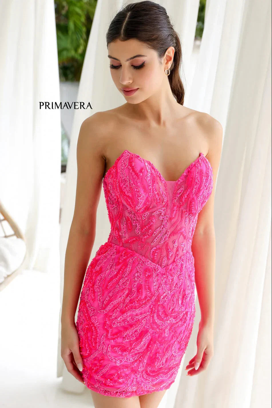 4222 Primavera Strapless Sequin Cocktail Dress with Illusion Bodice