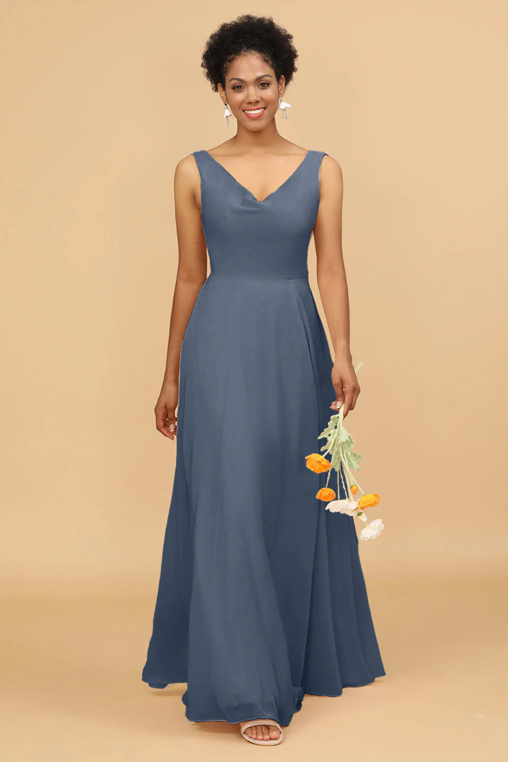 A Line V Neck Backless Chiffon Long Bridesmaid Dress