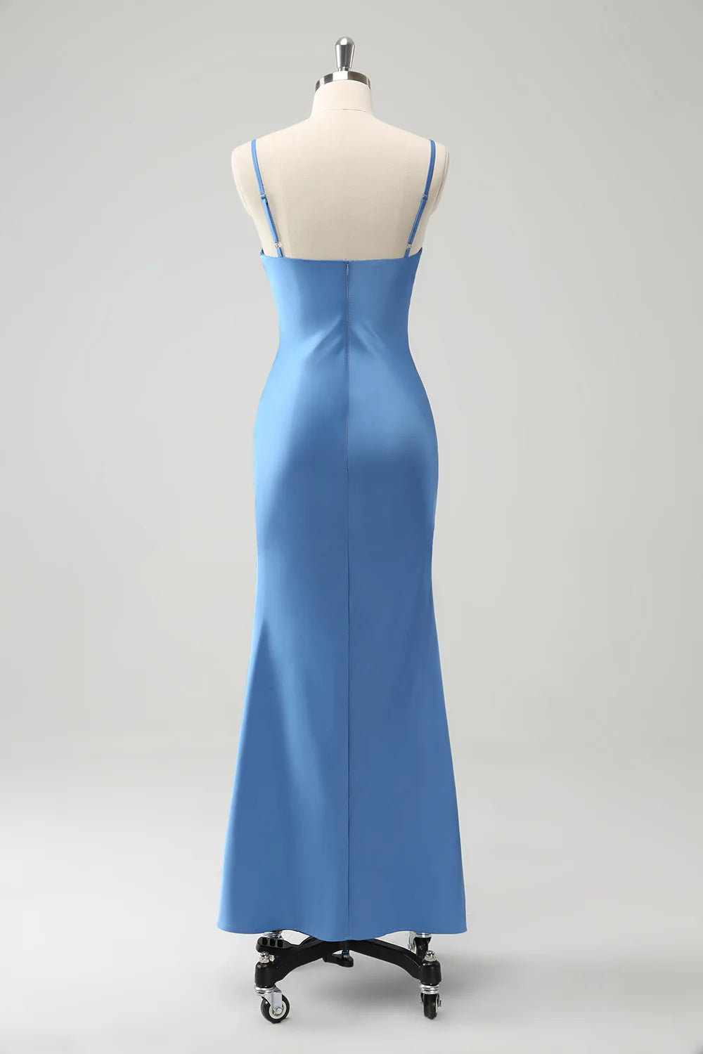 Blue Mermaid Spaghetti Straps Satin Bridesmaid Dress with Bow