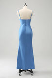 Blue Mermaid Spaghetti Straps Satin Bridesmaid Dress with Bow
