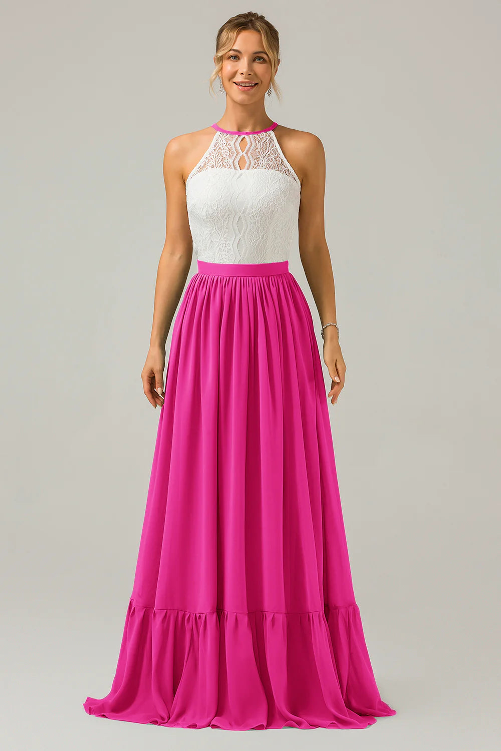 A Line Halter Pleated Keyhole Chiffon Bridesmaid Dress With Lace