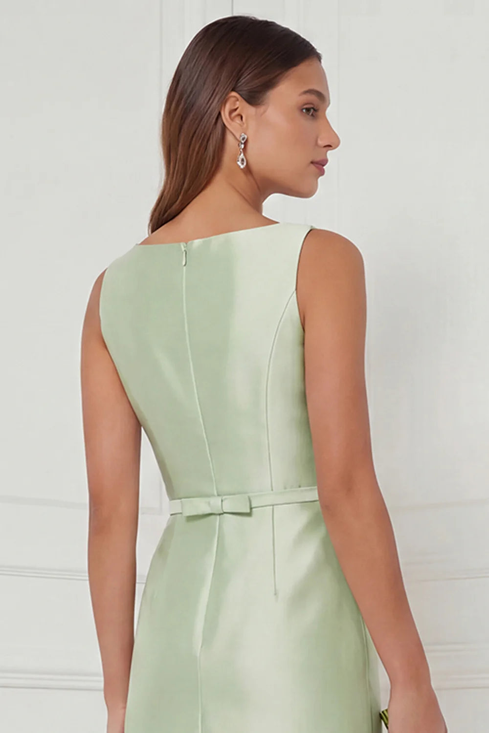 Sage Green Sheath Bateau Neck Satin Bridesmaid Dress