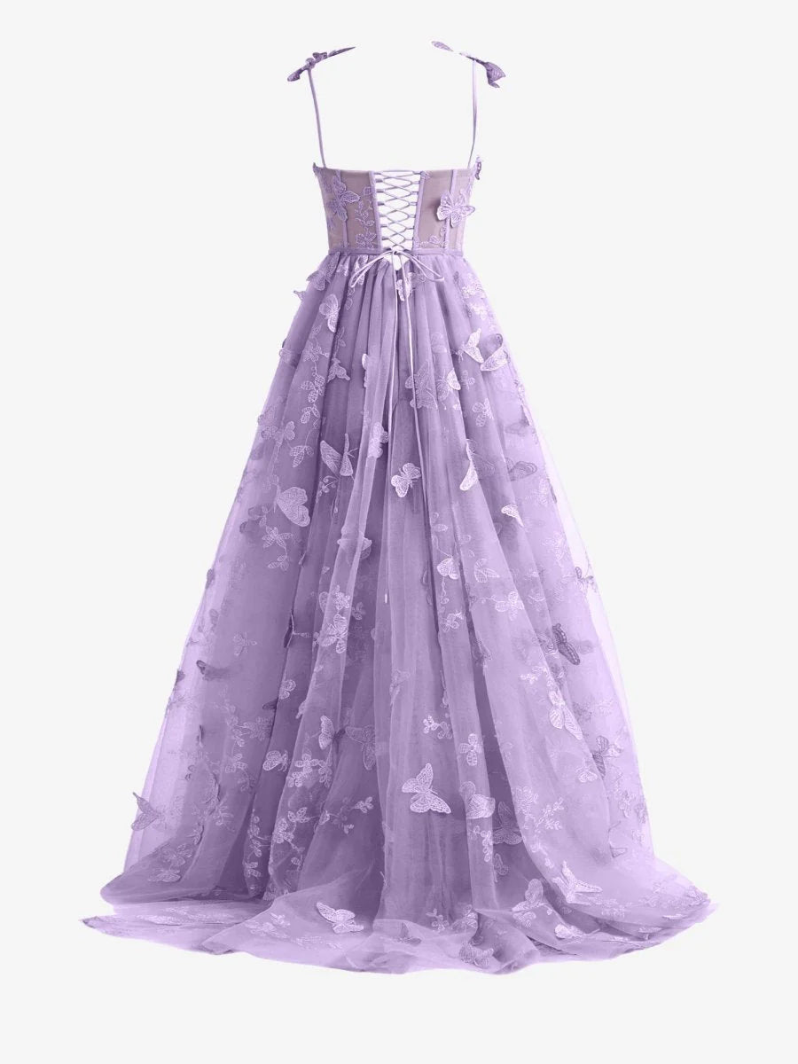 Light Purple A line Butterfly Lace Lilac Corset Prom Dress with Slit