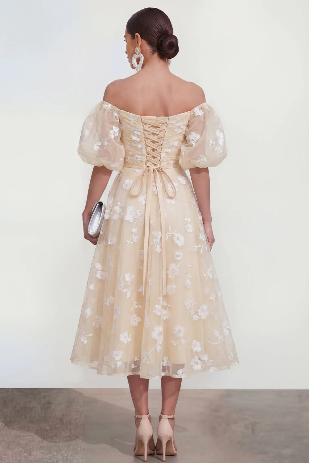 Off the Shoulder Floral Lilac Ruched A Line Wedding Guest Dress