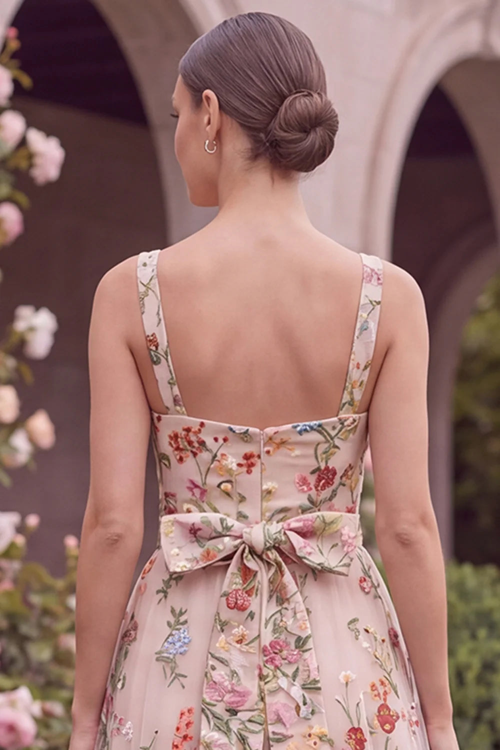 Pink Embroidered Floral A Line Midi Wedding Guest Dress with Bow