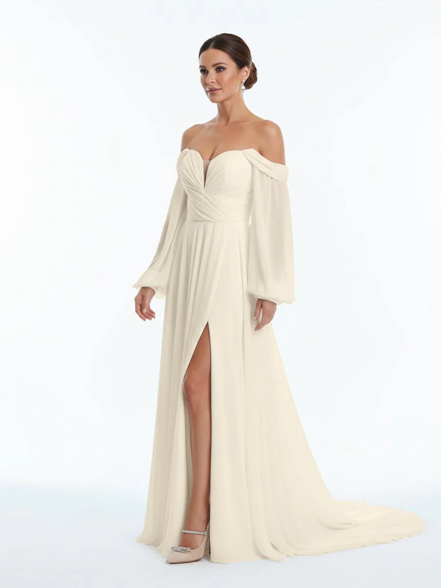 A Line Sweetheart Long Sleeves Chiffon Sweep Train Wedding Dress