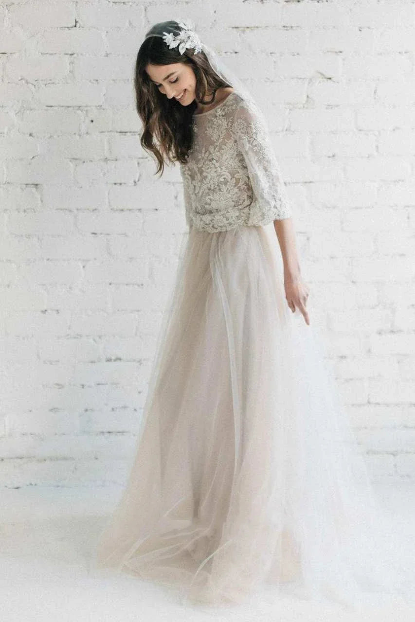 Bateau Lace Half Sleeve A Line Tulle Dress With Low V Back