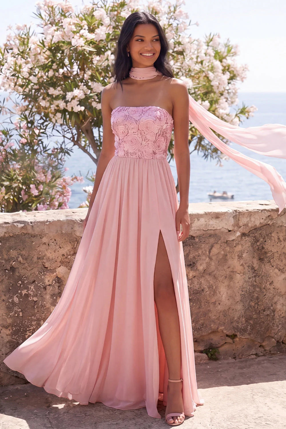 Pink Strapless A Line Wedding Guest Dress with Slit