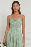 Floral A Line Dusty Sage Bridesmaid Dress with Slit