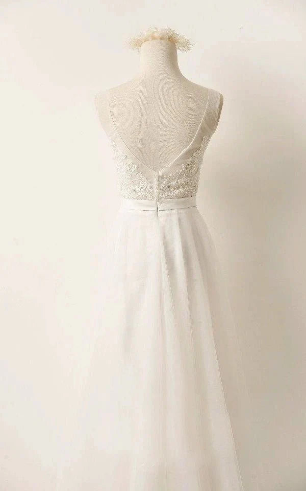 A Line Tulle Lace V Neck Wedding Dress With Sweep Train