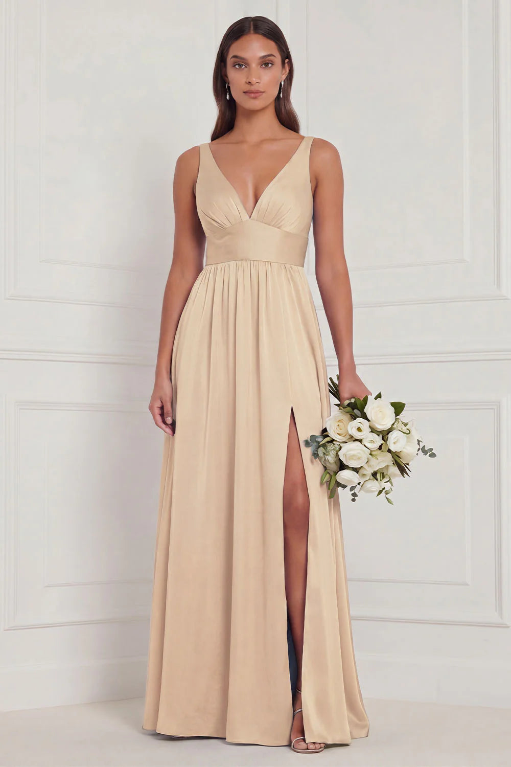 Dusty Blue A Line V Neck Bridesmaid Dress with Slit