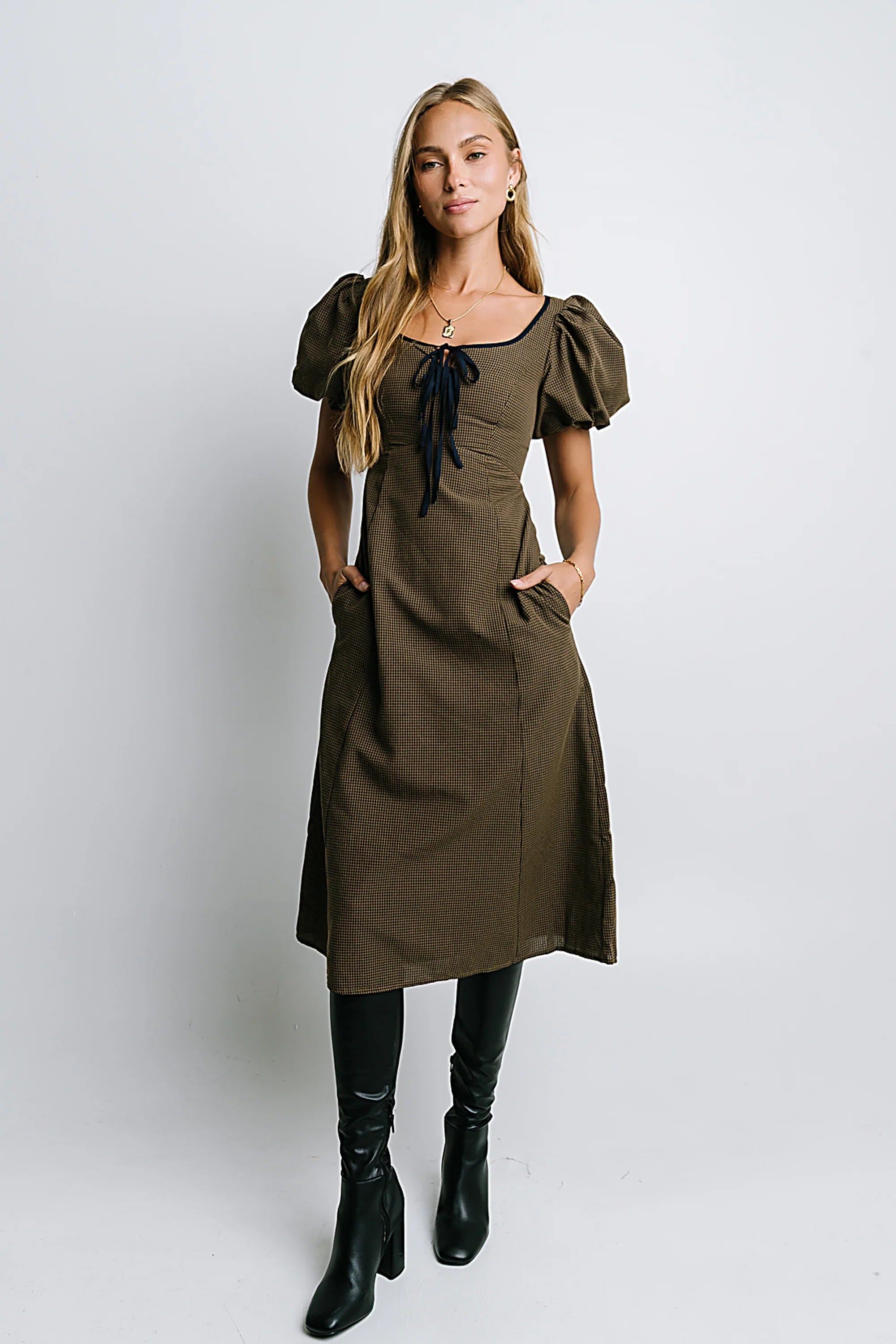 Elle Gingham Midi Dress in Brown FINAL SALE