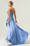 A Line Cowl Neck Satin Asymmetrical Ruffled Blue Bridesmaid Dress