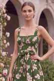 Green Printed Flower A Line Square Neck Wedding Guest Dress with Bow