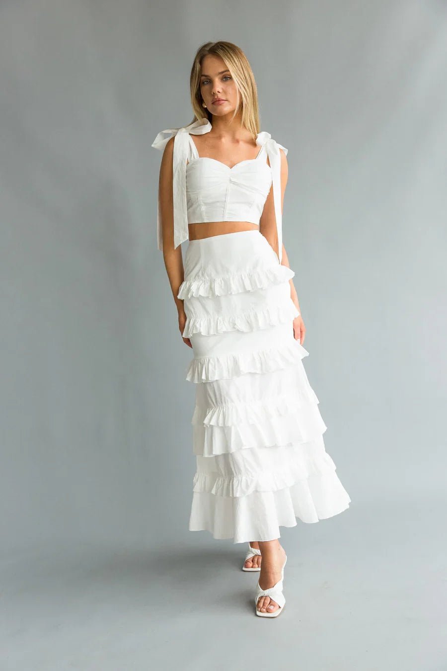 Dawn Bow Strap Bustier Top Tiered Ruffle Skirt Set
