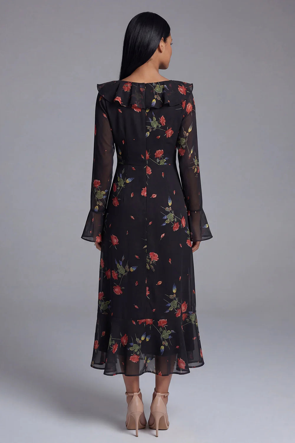 Black Floral Ruffled A Line Midi Wedding Guest Dress with Long Sleeves