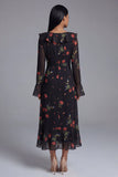 Black Floral Ruffled A Line Midi Wedding Guest Dress with Long Sleeves