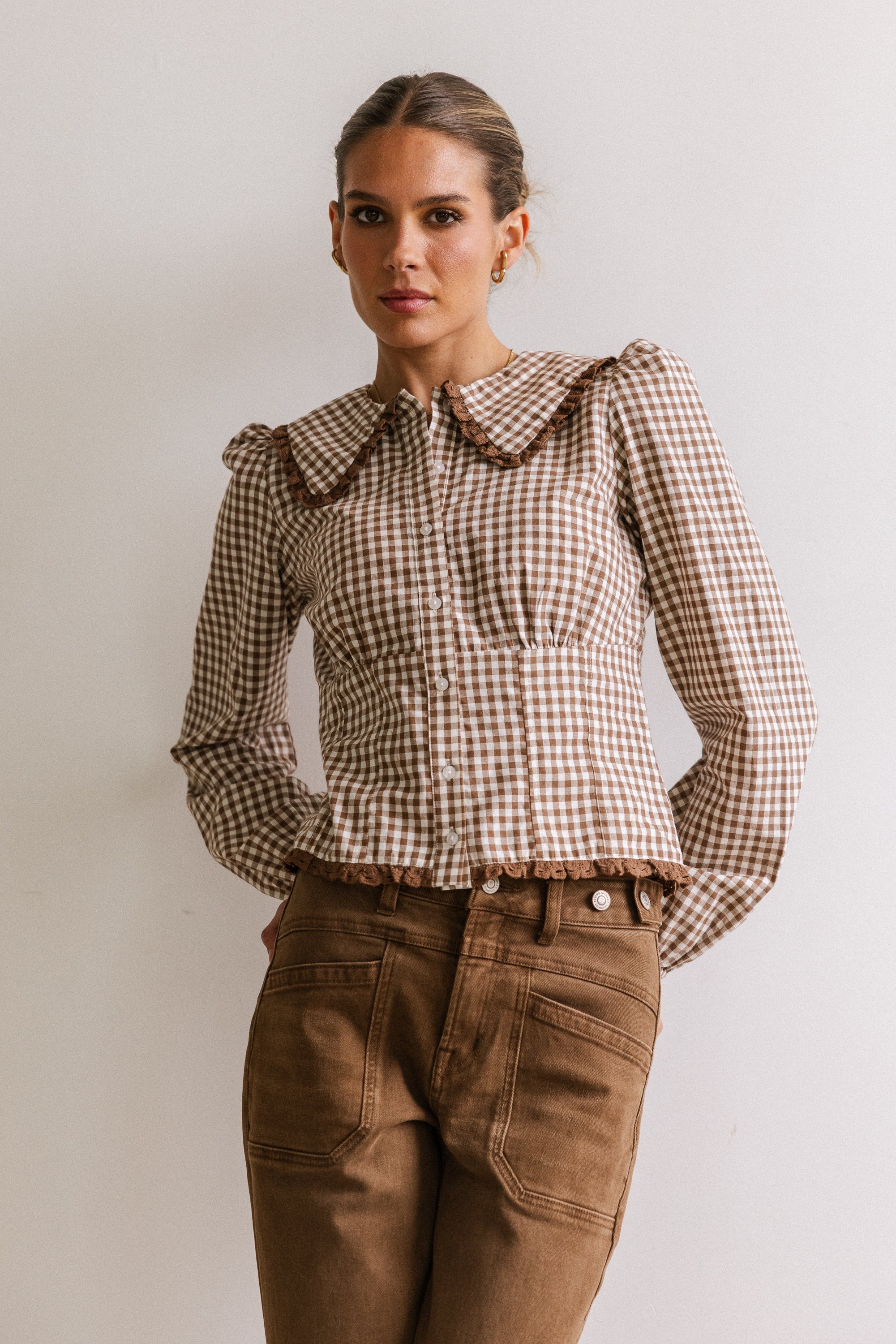 Brenna Gingham Blouse in Mocha FINAL SALE