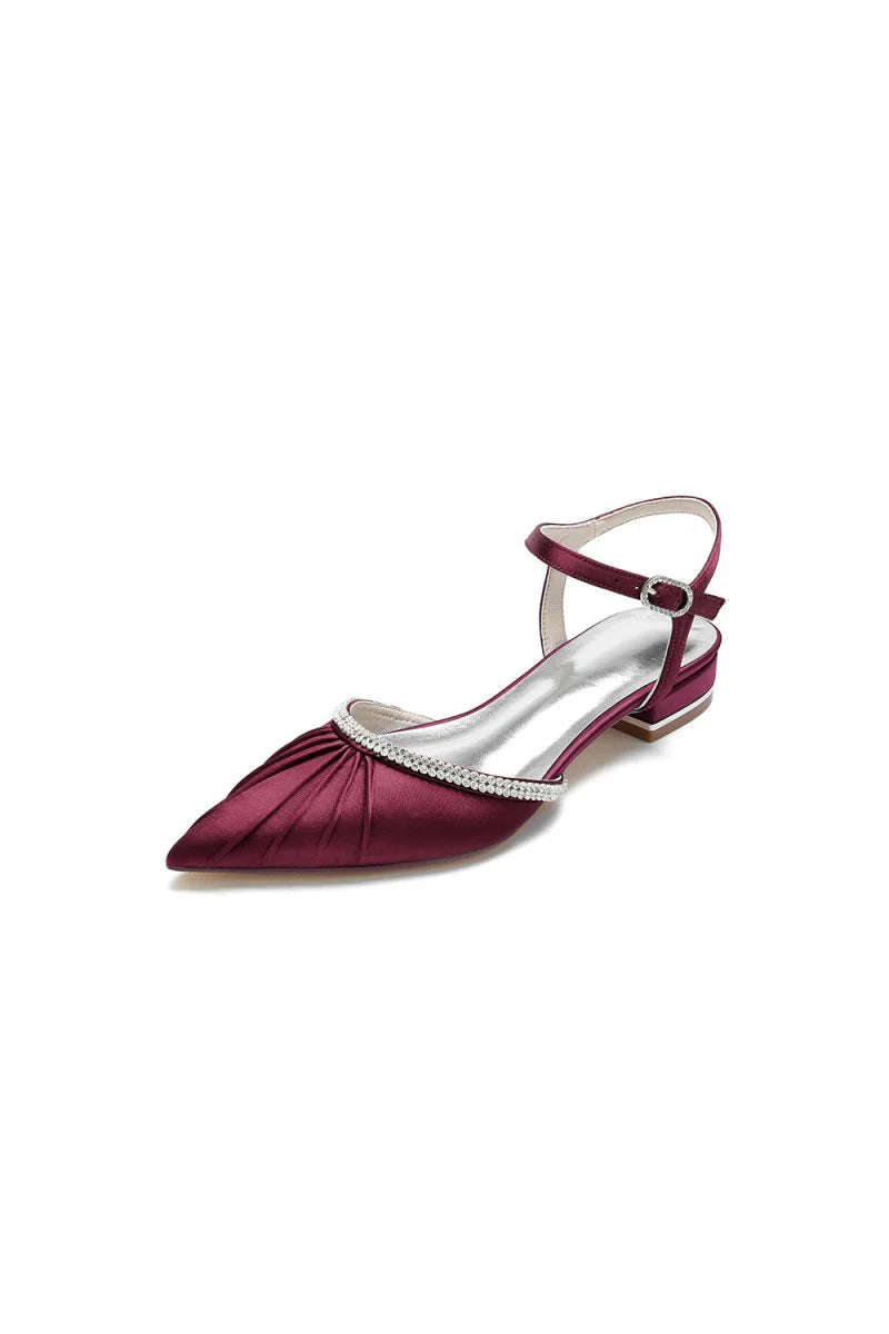 Satin Pointed Toe Beaded Buckle Kitten Heels