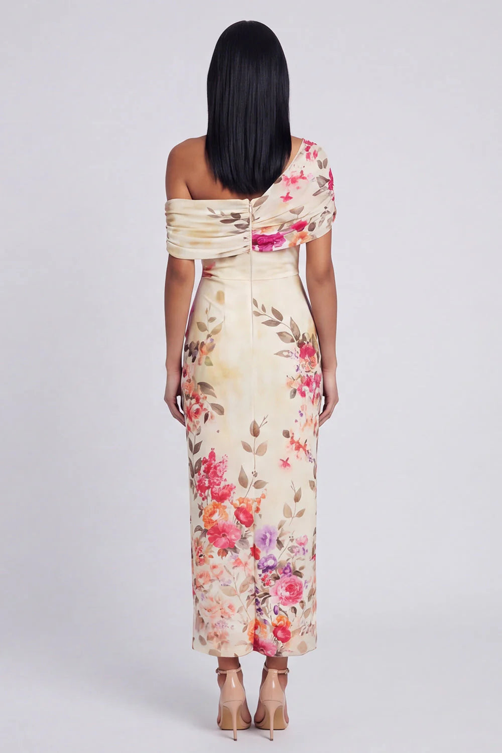 One Shoulder Sheath Ivory Floral Wedding Guest Dress
