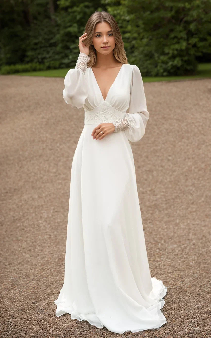 A Line Floor Chiffon Long Sleeve Wedding Dress with Sequins and Train