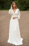 A Line Floor Chiffon Long Sleeve Wedding Dress with Sequins and Train