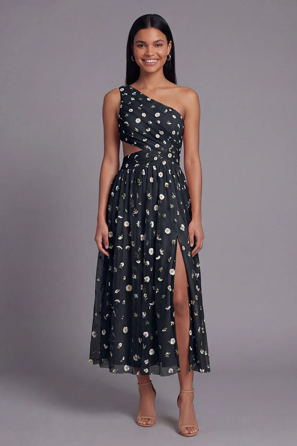 One Shoulder Floral Cut Out Light Orange Wedding Guest Dress