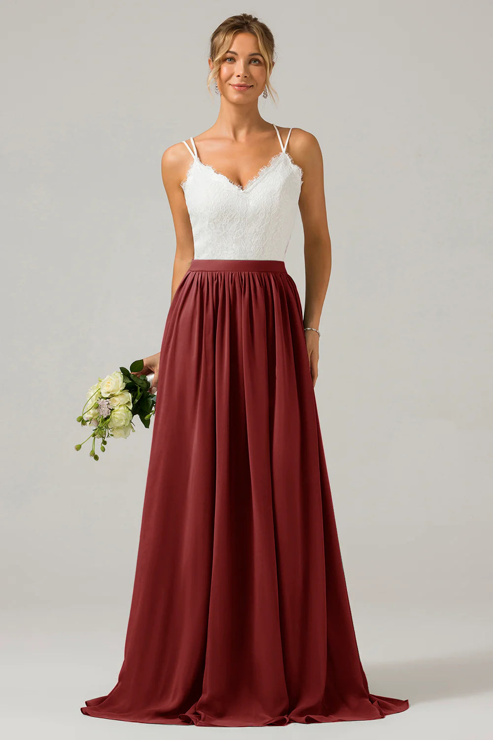 A Line Spaghetti Straps Pleated Long Bridesmaid Dress With Lace