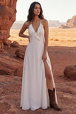 Halter Ivory A Line Ruffled Long Wedding Dress with Slit