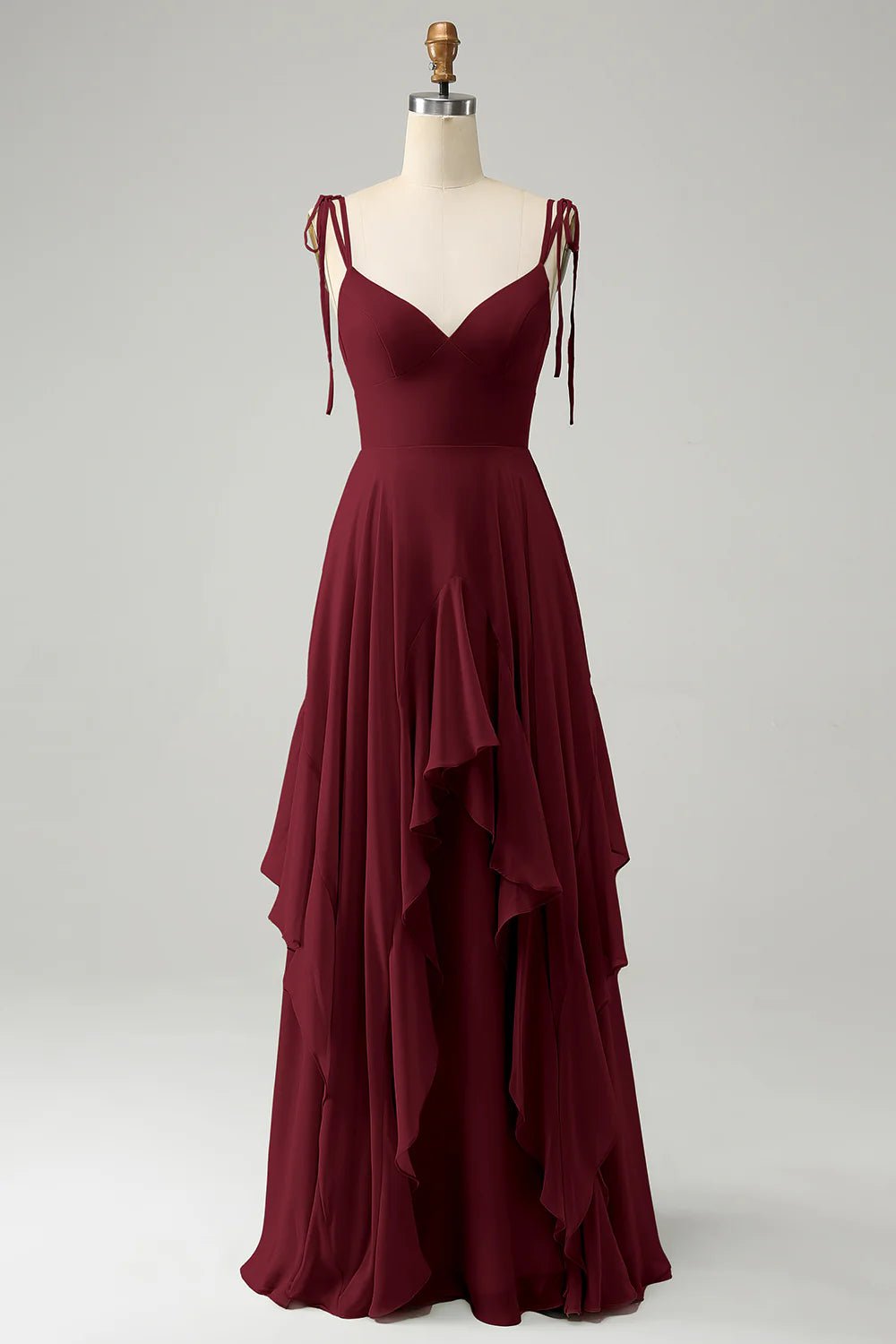A Line Spaghetti Straps Chiffon Long Bridesmaid Dress with Ruffles