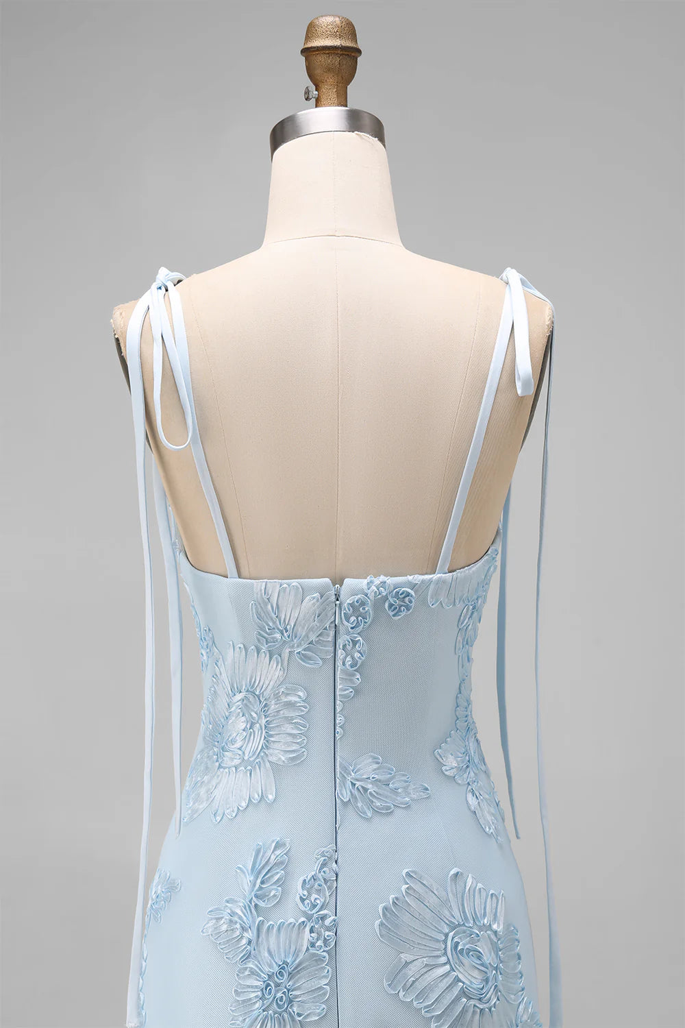Light Blue Mermaid Spaghetti Straps Long Prom Dress with Appliques