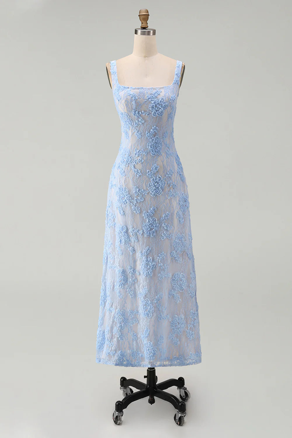 Blue Floral A Line Square Neck Midi Wedding Guest Dress