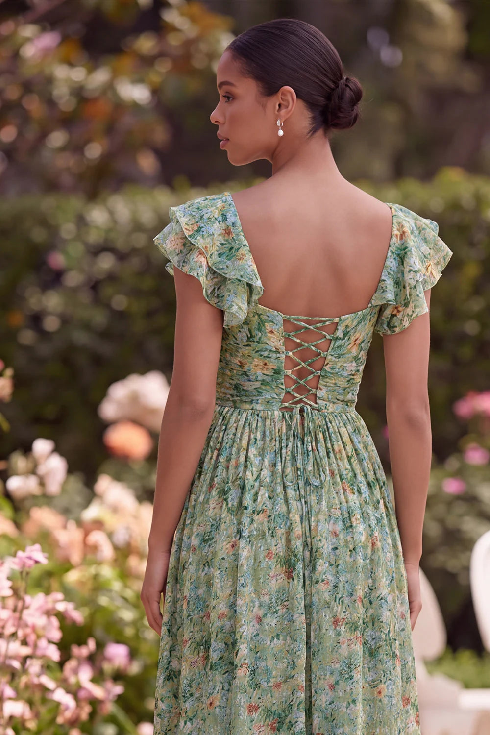 Green Flower A Line Square Neck Wedding Guest Dress with Slit