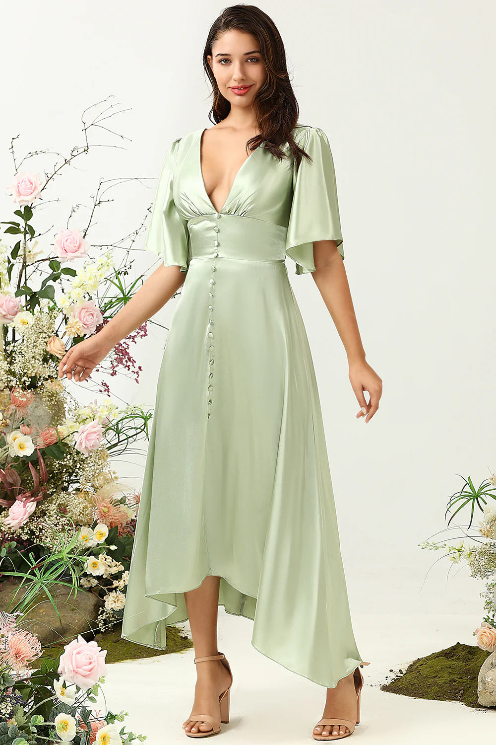 Dusty Sage A Line Deep V Neck Long Bridesmaid Dress with Half Sleeves