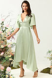 Dusty Sage A Line Deep V Neck Long Bridesmaid Dress with Half Sleeves