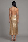 Gold Sequin Spaghetti Straps Midi Wedding Guest Dress