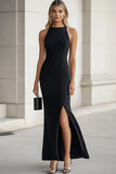 Bateau Neck Mermaid Long Black Tie Dress With Slit