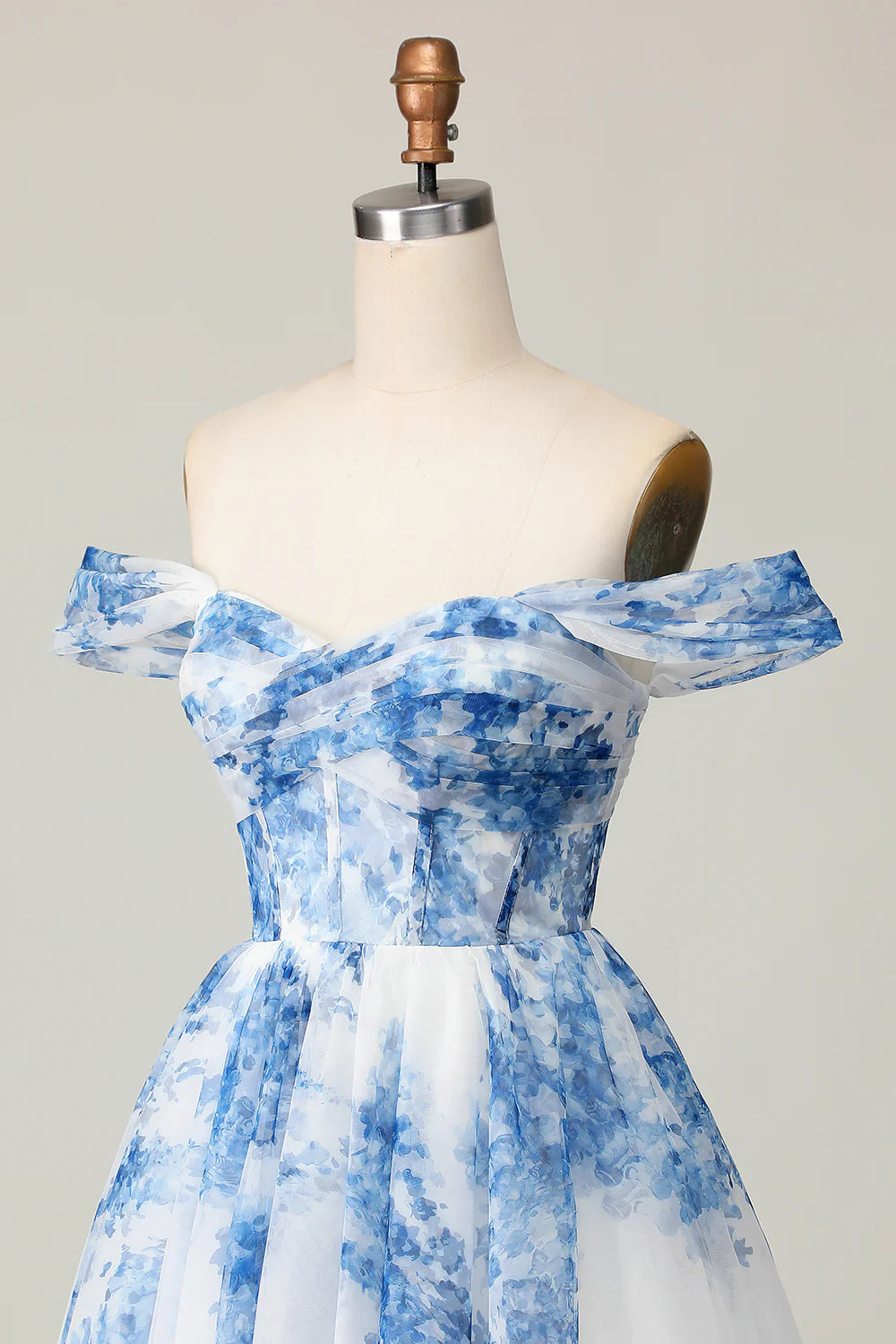White Blue Flower Off The Shoulder Printed Corset Homecoming Dress with Ruffles