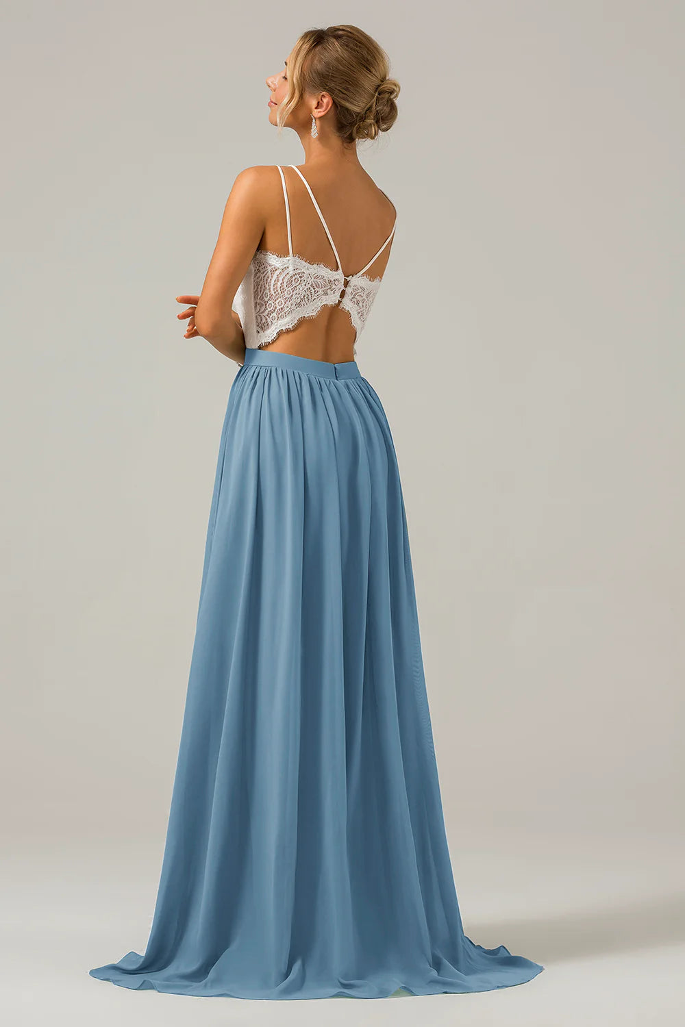 A Line Spaghetti Straps Pleated Long Bridesmaid Dress With Lace