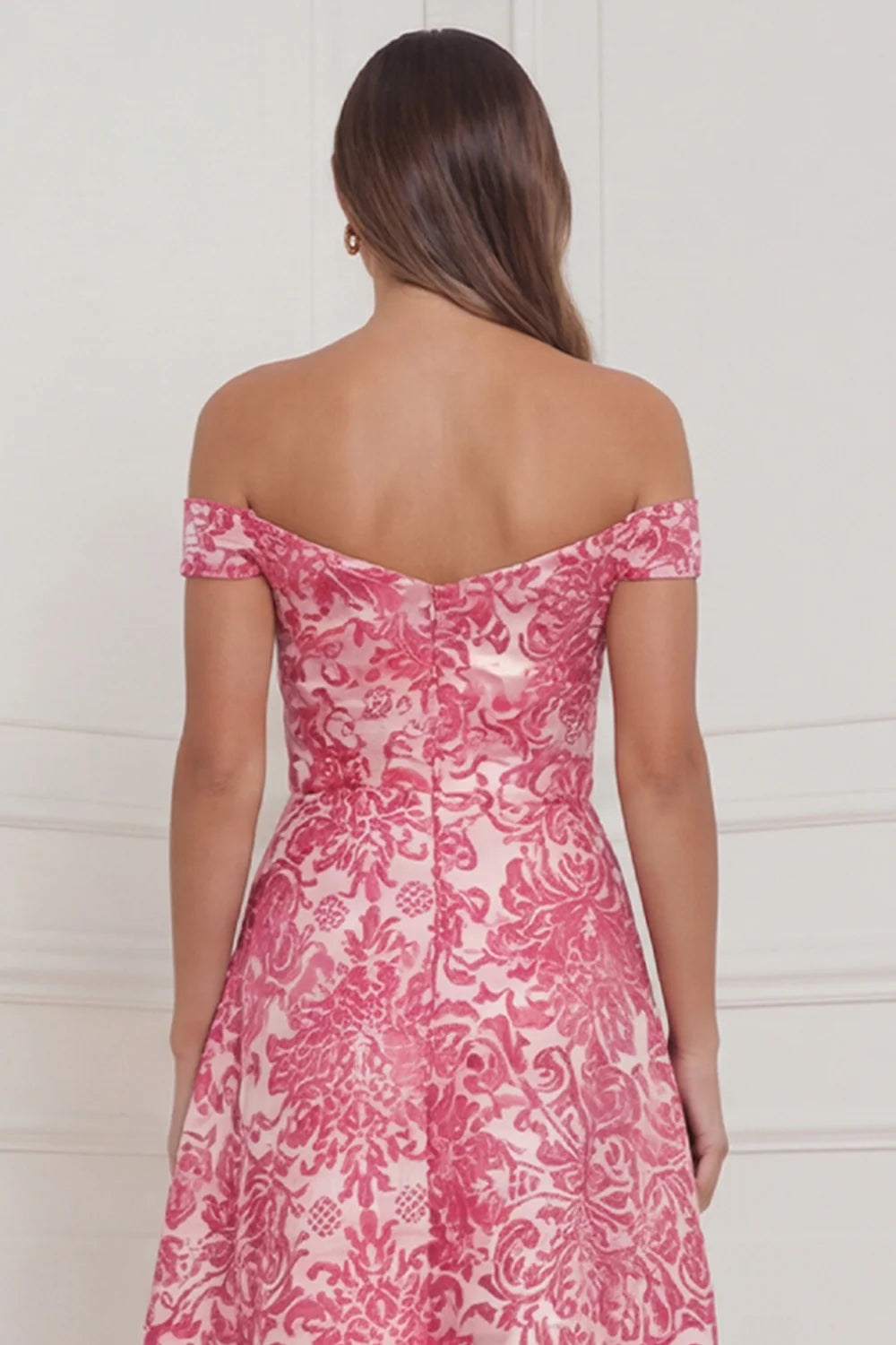 Hot Pink A Line Off the Shoulder Jacquard Midi Wedding Guest Dress