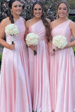 Light Pink One Shoulder A line Satin Long Bridesmaid Dress with Slit