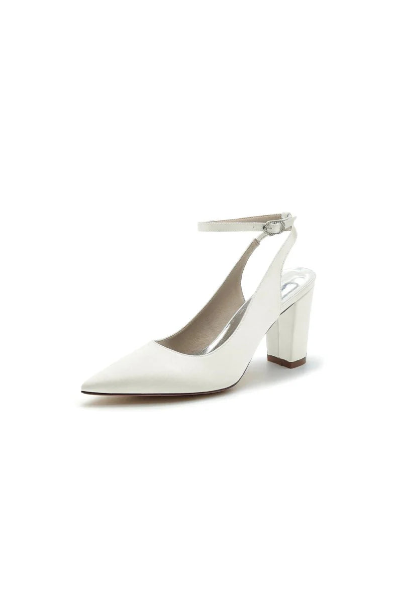 Satin Pointed Toe Ankle Strap Chunky Heels