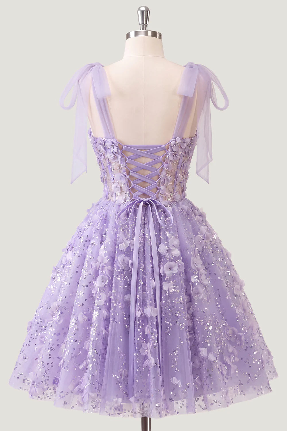 Lilac Sequin A Line Corset Short Homecoming Dress with 3D Flowers