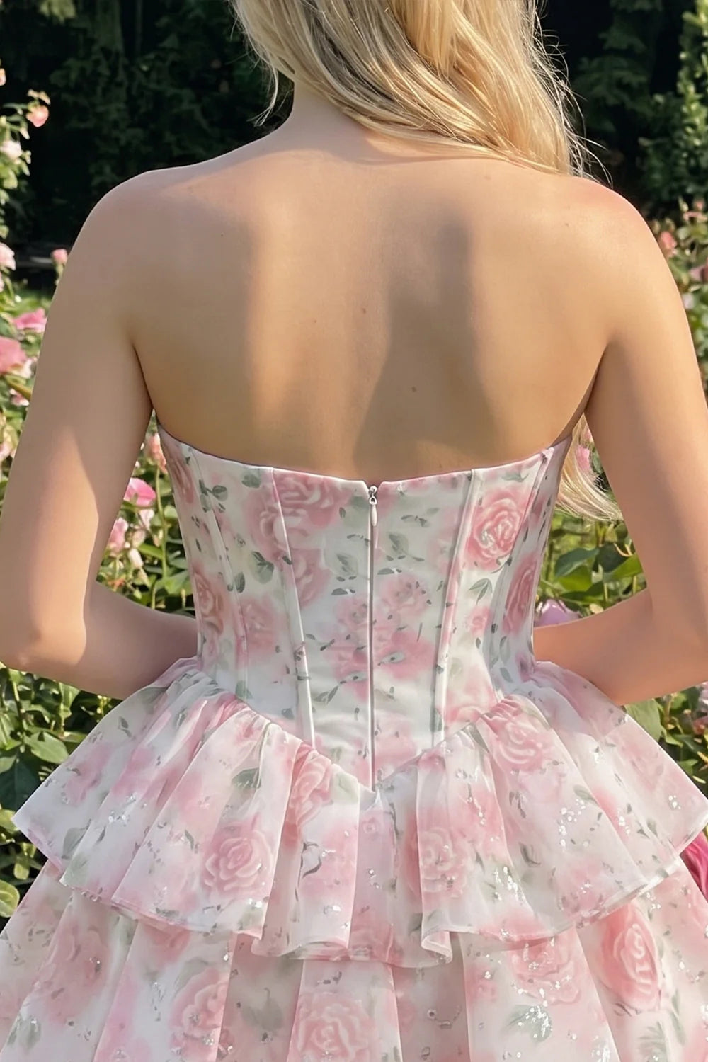 Strapless Floral A Line Sequin Corset Pink Homecoming Dress